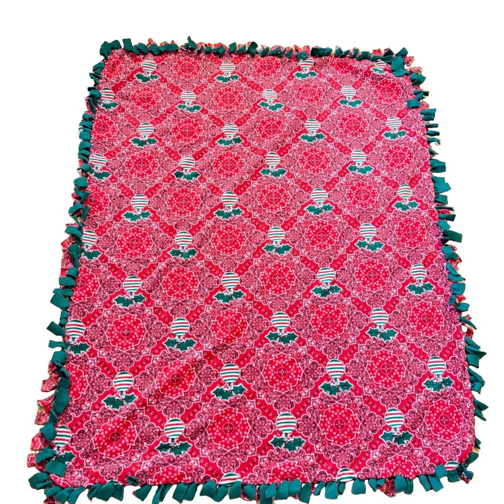 Handmade Christmas Throw Blanket Fleece Tie Red Green Bandana Ornament 63x49